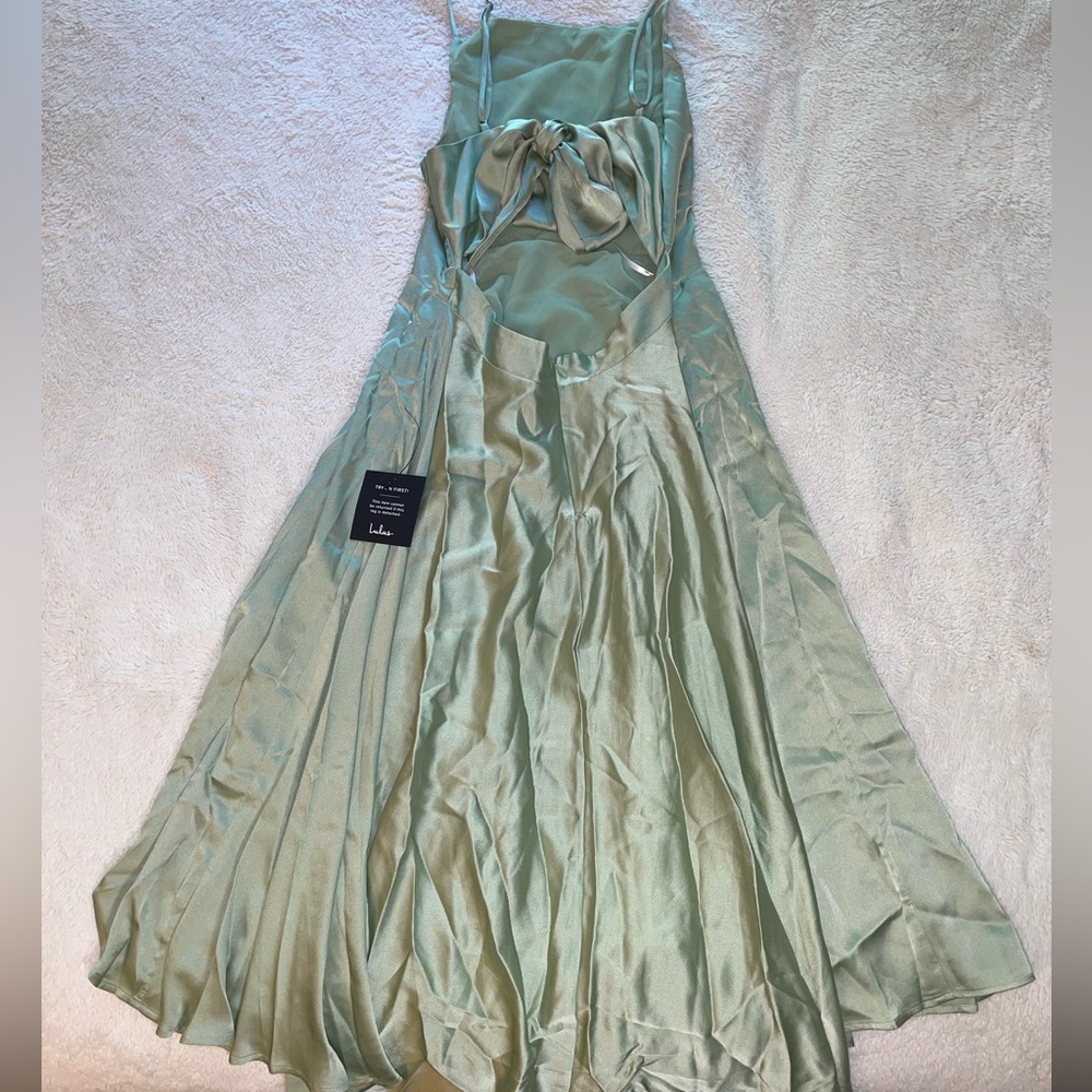 Lulus Days Like Today Sage Green Satin Asymmetrical Tie-Back Midi Dress - Picture 4 of 9